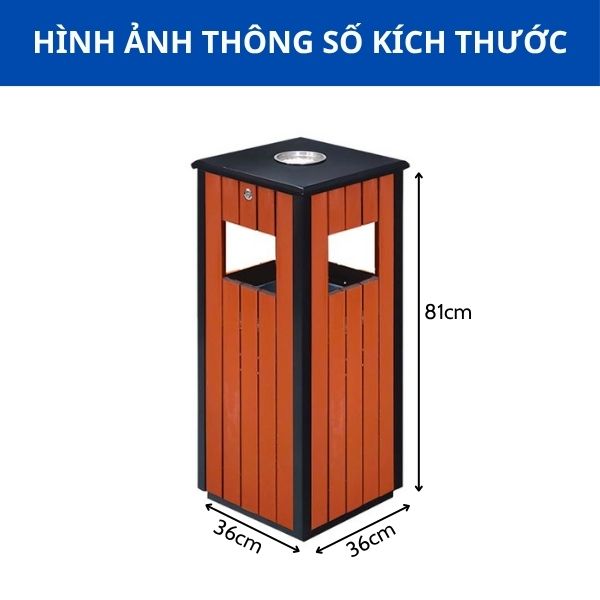 Kích thước thùng rác giả gỗ vuông khung thép