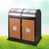 Thùng rác gỗ 2 ngăn khung thép nắp lật inox