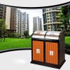 Thùng rác gỗ 2 ngăn khung thép nắp lật inox