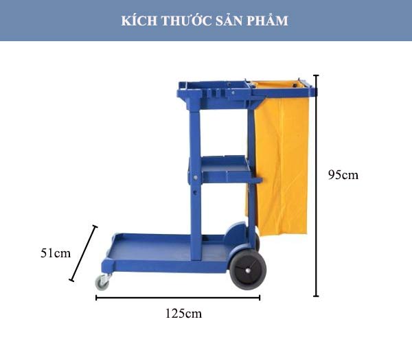 Kích thước xe đẩy chở đồ làm vệ sinh màu xanh túi vải không nắp