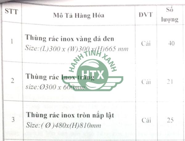 Số lượng thùng rác cảng hàng không quốc tế Vinh đặt mua của công ty Hành Tinh Xanh