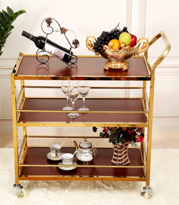 Xe đẩy inox mạ vàng 3 tầng sang trọng, đẹp mắt