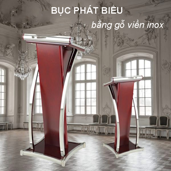 Bục phát biểu sự kiện bằng gỗ viền inox trắng