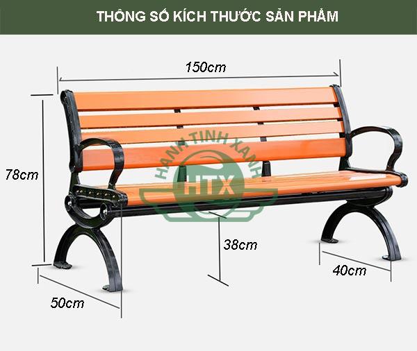 Kích thước ghế công viên gỗ nhựa dài 1,5 mét