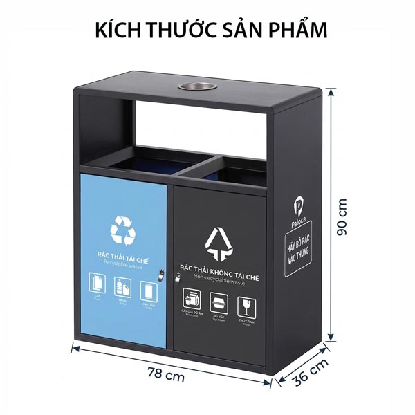 Kích thước thùng rác 2 ngăn phân loại ngoài trời