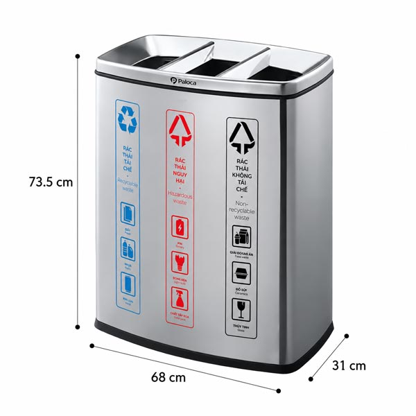 Kích thước thùng rác 3 ngăn phân loại