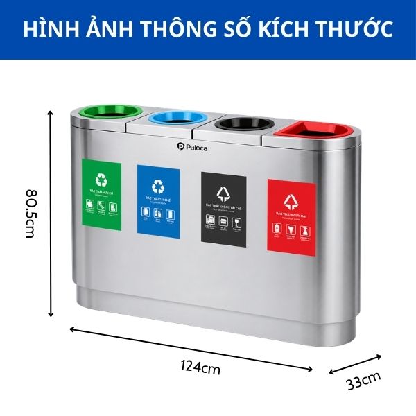 Kích thước thùng rác inox 4 ngăn