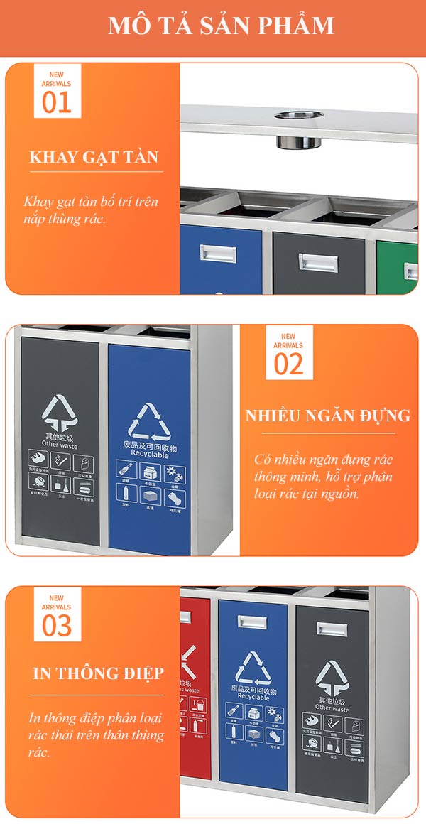 Hình ảnh mô tả thùng rác inox 4 ngăn có gạt tàn