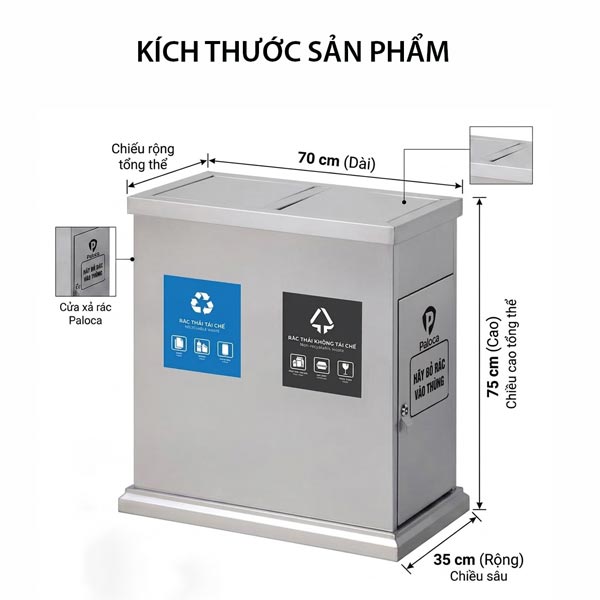 Kích thước thùng rác inox nắp lật 2 ngăn ngoài trời