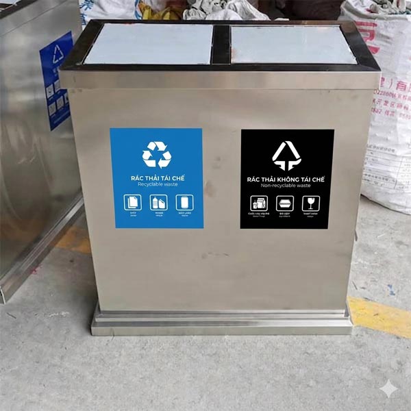 Thiết kế 2 ngăn phân loại riêng biệt được ký hiệu chi tiết từng ngăn phân loại rác thải