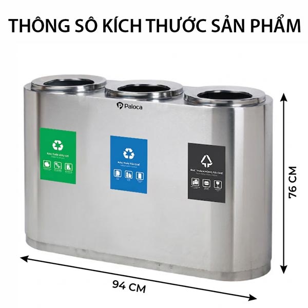 Kích thước thùng rác inox 3 ngăn phân loại