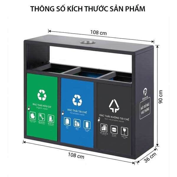 Kích thước thùng rác ngoài trời 3 ngăn có gạt tàn