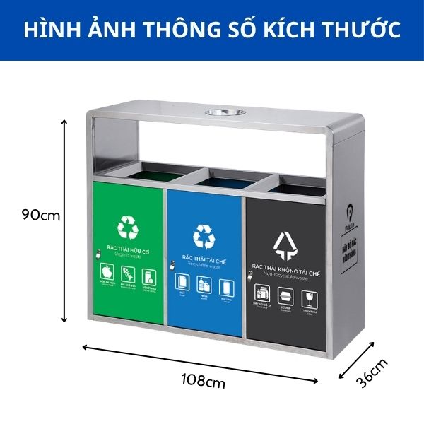 Kích thước thùng rác phân loại 3 ngăn inox