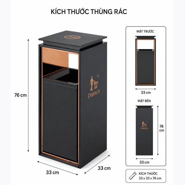Kích thước thùng rác sảnh không gạt tàn màu đen