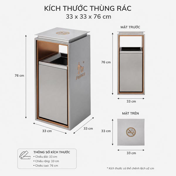 Kích thước thùng rác sảnh không gạt tàn ghi