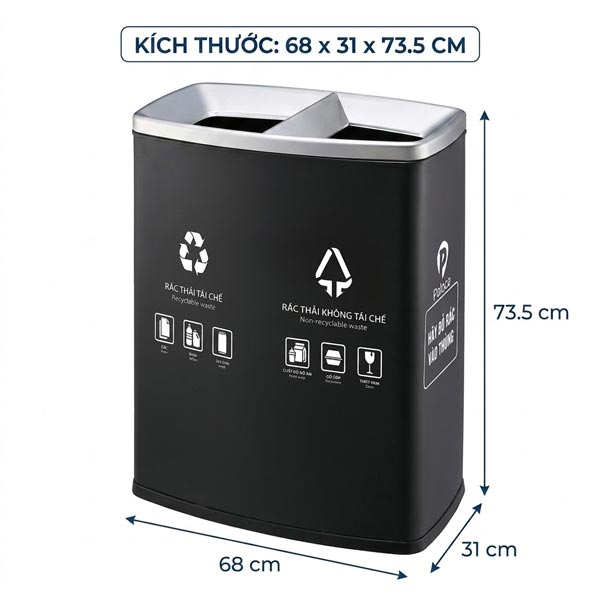 Kích thước thùng rác sơn đen 2 ngăn