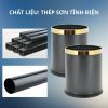 thùng rác thép sơn đen viền inox mạ vàng