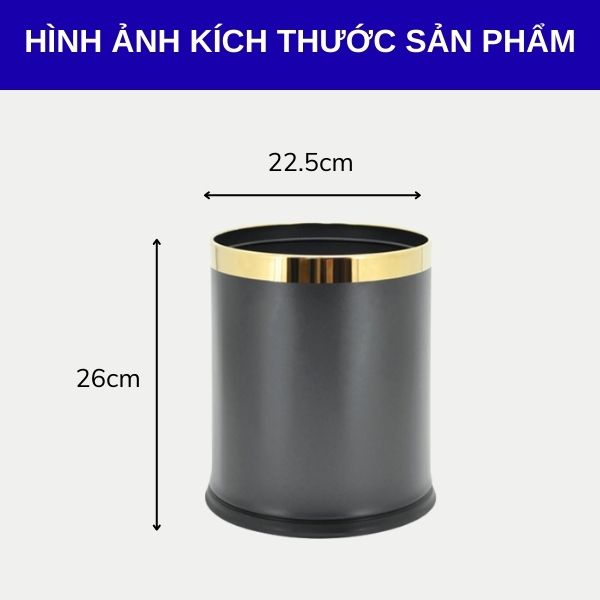 Kích thước thùng rác thép sơn đen viền inox mạ vàng