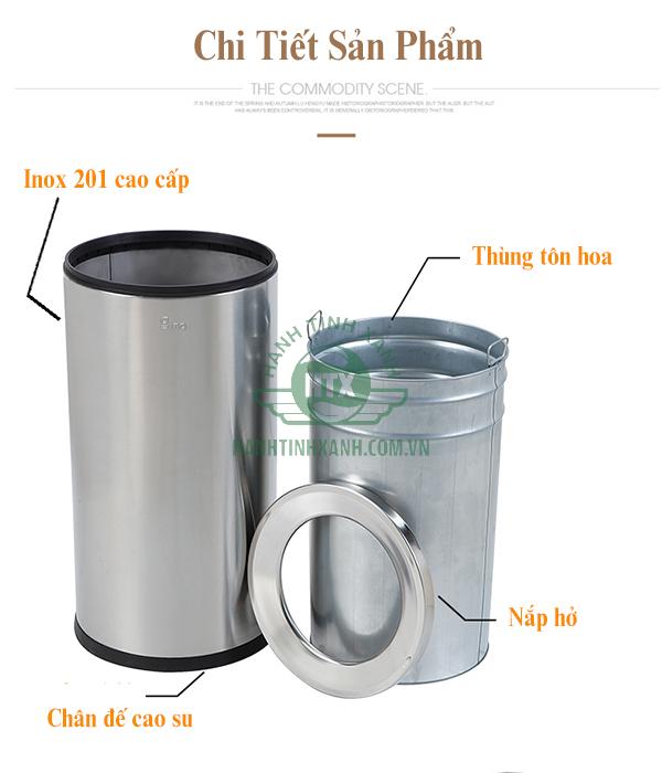 Thùng rác Inox tròn nắp hở Ø30