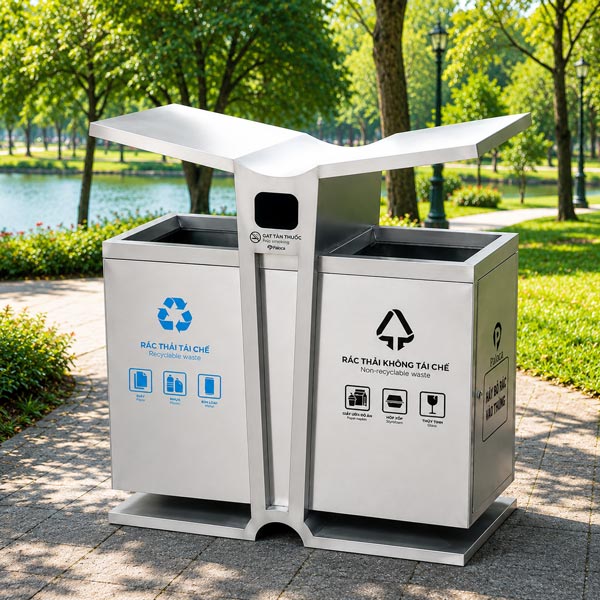 Thùng rác inox 2 ngăn có mái che của Hành TInh Xanh