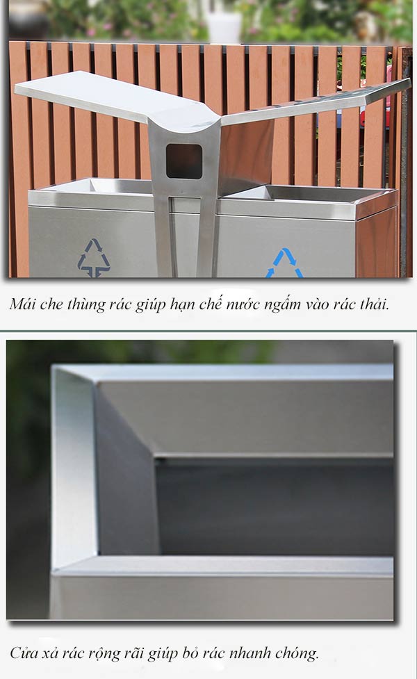 Hình ảnh mô tả chi tiết thùng rác inox 2 ngăn có mái che
