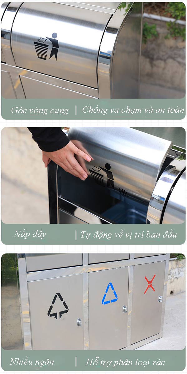 Hình ảnh mô tả chi tiết thùng rác phân loại 4 ngăn 