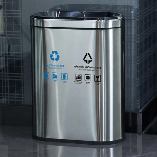 Thùng đựng rác phân loại 2 ngăn làm bằng inox cao cấp chống gỉ sét, dễ dàng vệ sinh