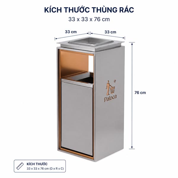 Kích thước thùng rác sảnh có gạt tàn ghi Paloca