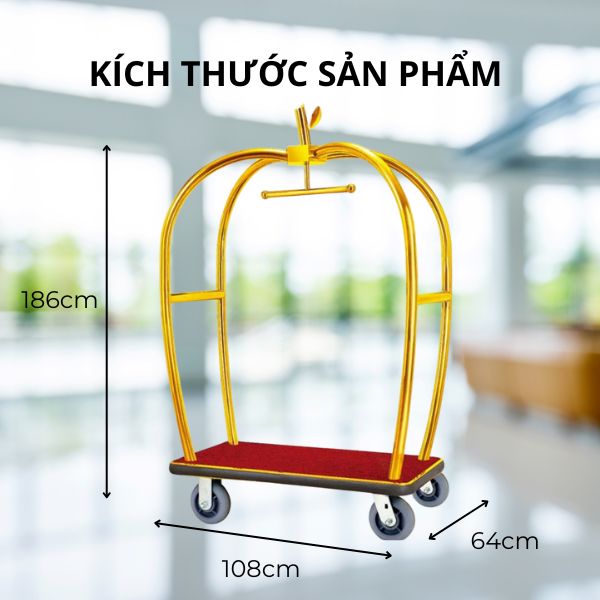 Kích thước xe chở hành lý khách sạn inox vàng