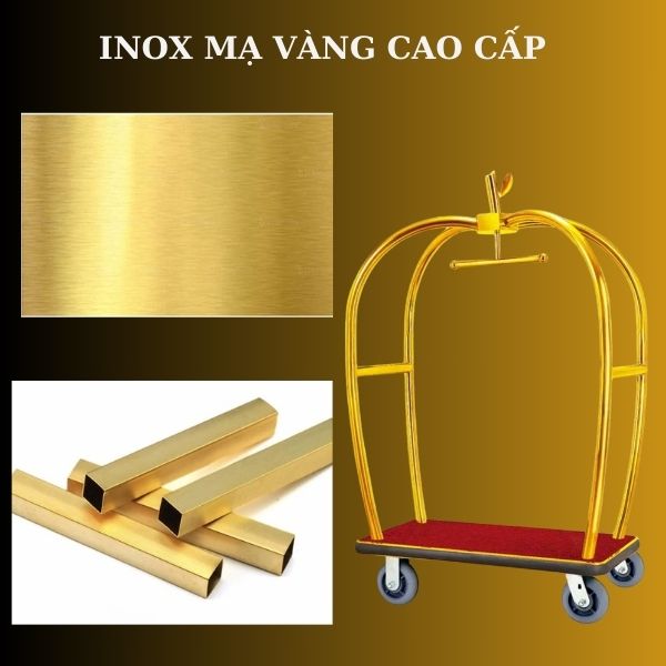 Xe đẩy hành lý khách sạn được làm inox mạ vàng đẹp măt, sang trọng, chống gỉ sét tốt