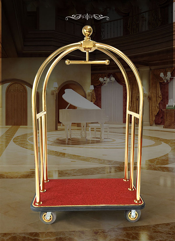 Xe đẩy hành lý khách sạn inox vàng nắp cầu tròn bền bỉ, chống gỉ sét tốt