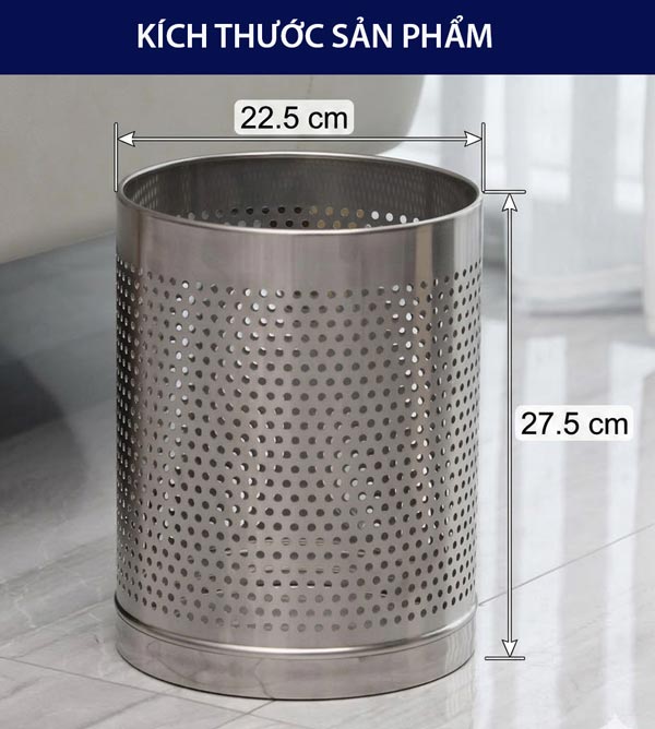 Kích thước thùng rác inox trắng dập lỗ không nắp