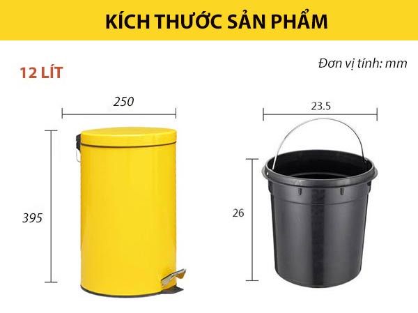 Kích thước thùng rác 12l màu vàng