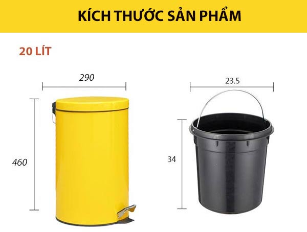 Thông số kích thước thùng rác 20 lít màu vàng
