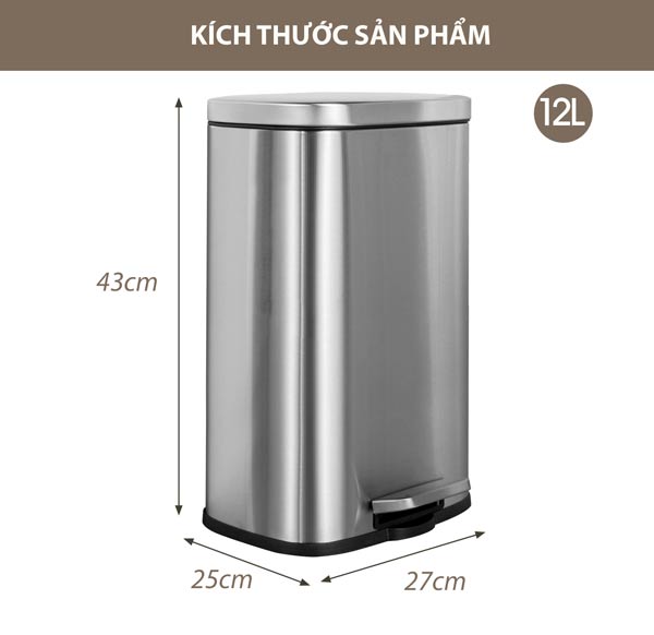 Kích thước thùng rác inox vuống đạp chân 12L