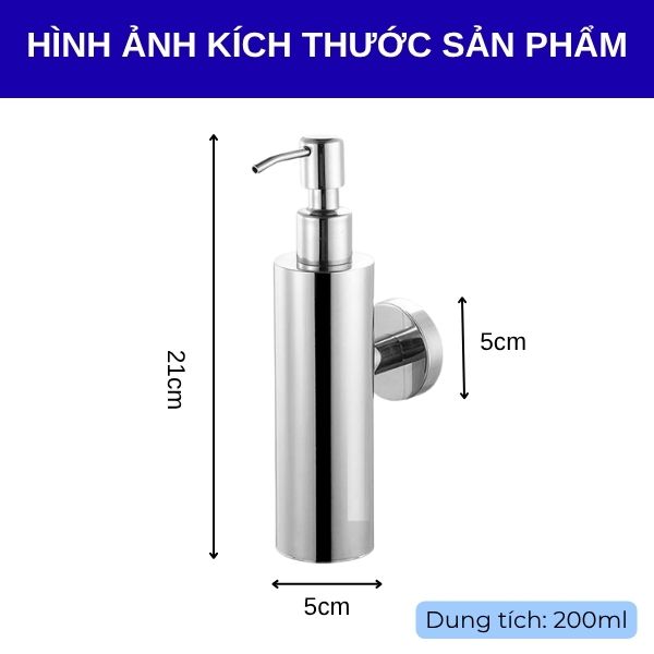 Kích thước bình đựng nước rửa tay inox gắn tường 200ml