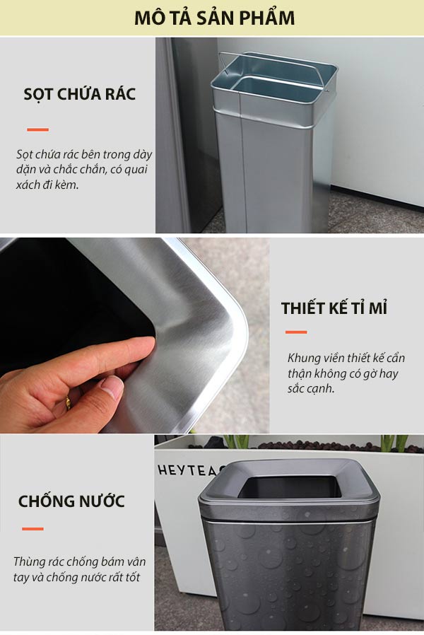 Hình ảnh mô tả chi tiết thùng rác inox 304