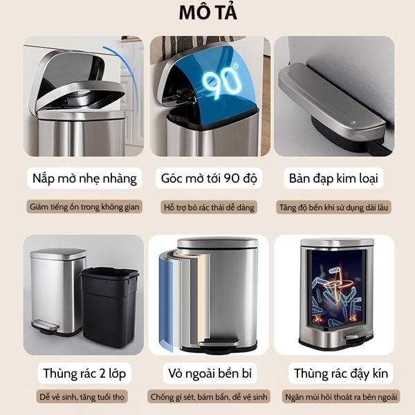 Hình ảnh mô tả chi tiết đặc điểm của thùng rác inox đạp chân 12l