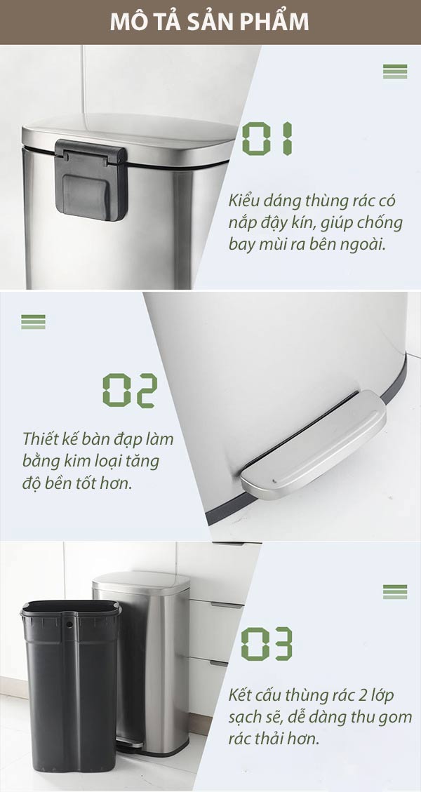 Hình ảnh mô tả đặc điểm của thùng rác inox đạp chân