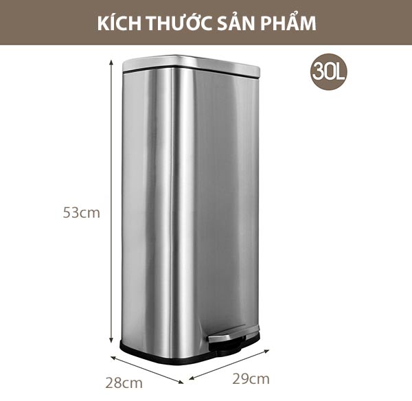 Kích thước thùng rác inox vuông đạp chân 30l