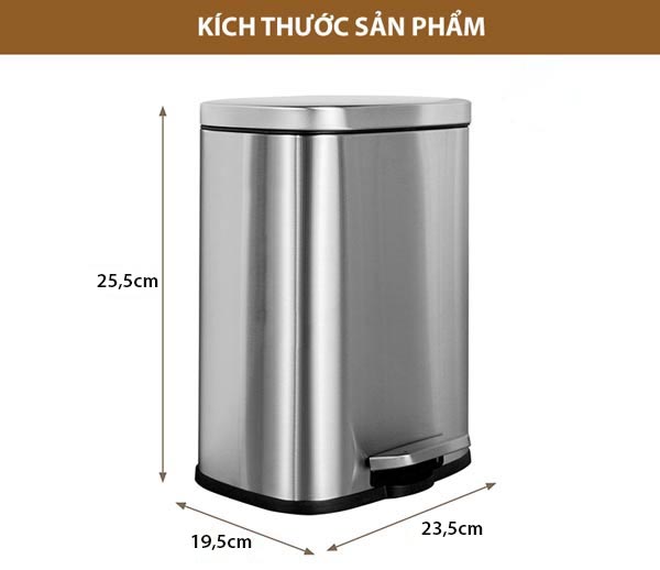 Kích thước thùng rác inox vuông đạp chân 6l