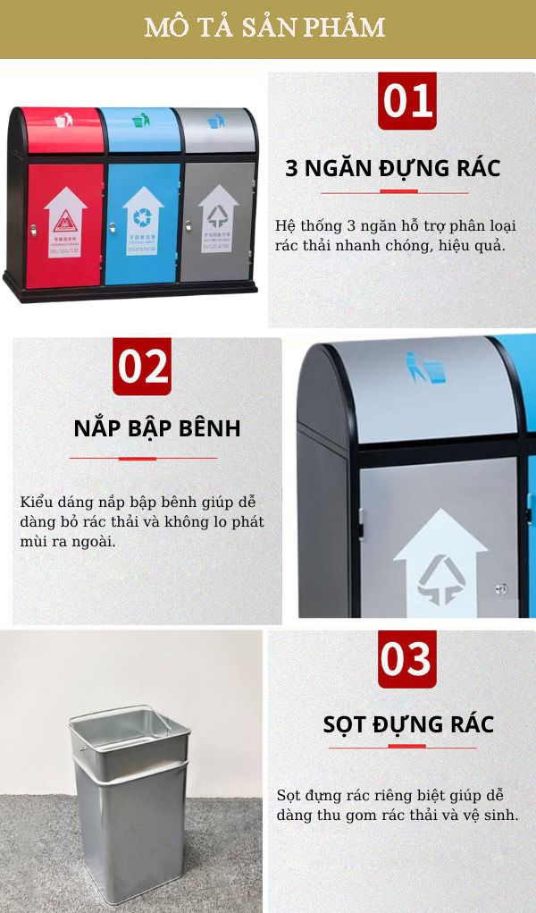 Hình ảnh mô tả thùng rác thép 3 ngăn ngoài trời