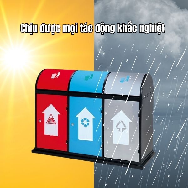 Thùng rác thép 3 ngăn nắp bập bênh chịu được mọi yếu tố thời tiết
