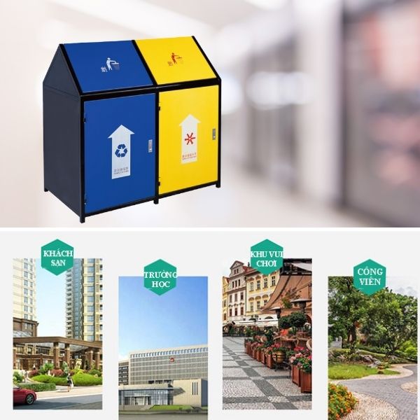 Thùng rác thép 2 ngăn ngoài trời đa dạng không gian sử dụng