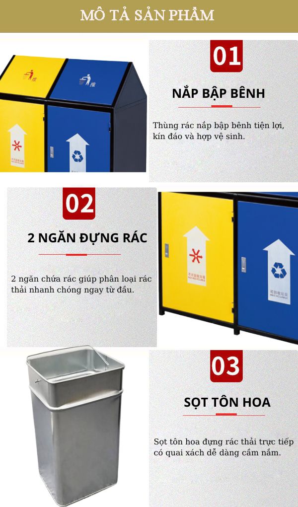 Hình ảnh mô tả chi tiết thùng rác 2 ngăn ngoài trời