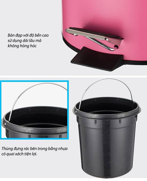 Hình ảnh mô tả chi tiết thùng rác inox đạp chân cao cấp 12l