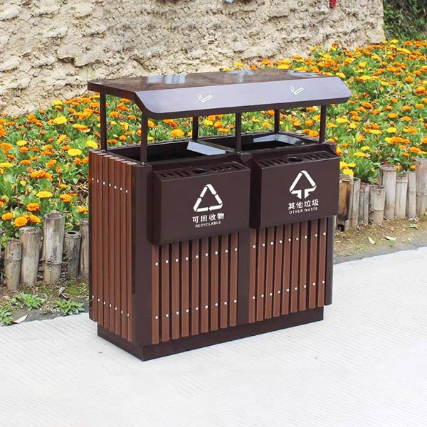 Thùng rác 2 ngăn ngoài trời có mái che được làm bằng thép sơn tĩnh điện chống gỉ sét