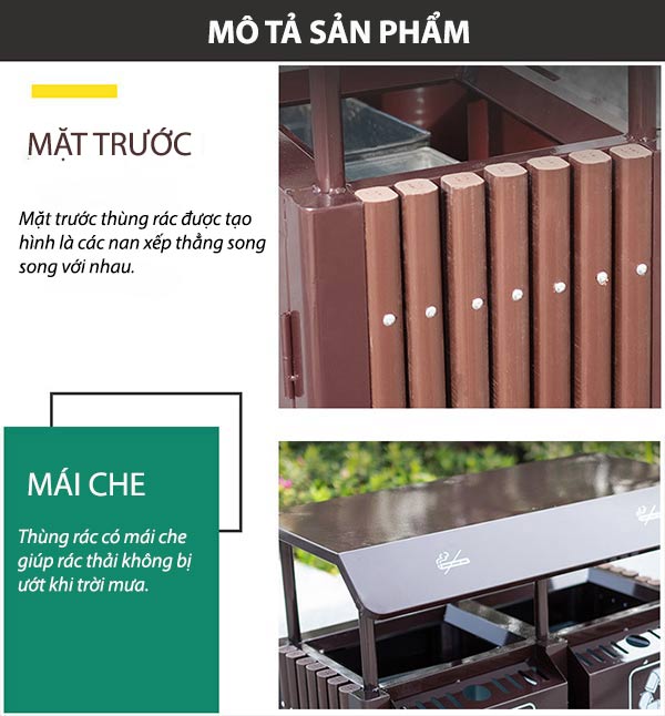 Thùng rác 2 ngăn có mái che giúp bảo vệ rác khỏi tác động của nắng mưa