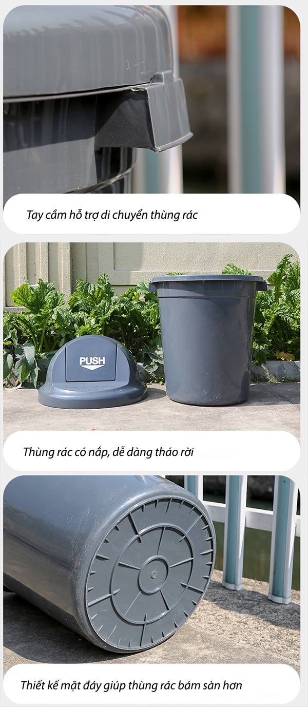 Hình ảnh mô tả chi tiết thùng rác công nghiệp nắp đẩy 100l