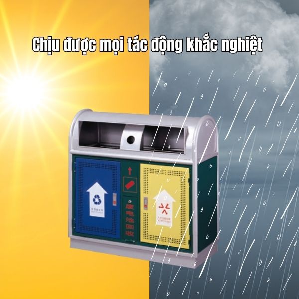 thùng rác thép sơn tĩnh điện bền bỉ, chịu được mọi yếu tố thời tiết ngoài trời